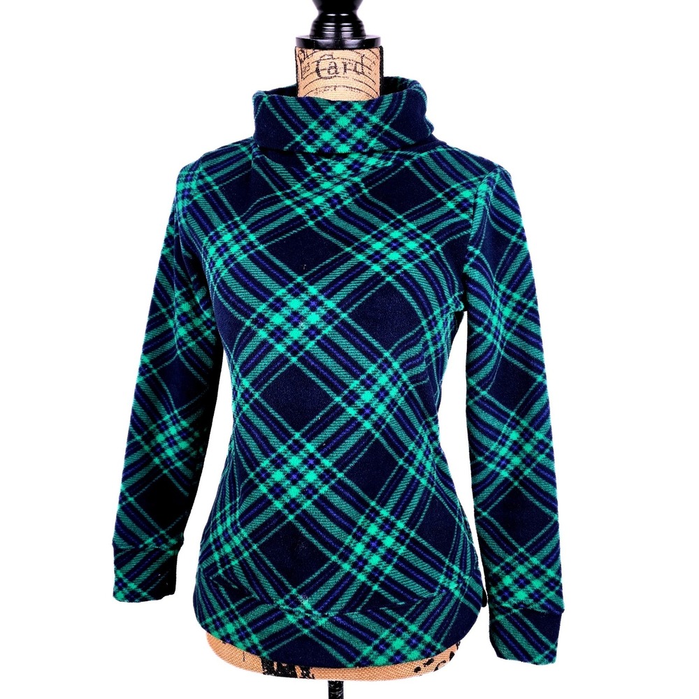 Talbots Petite Fleece Pullover Cowl Neck Navy Green Plaid Top Size P